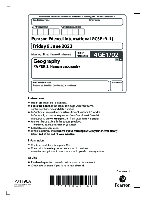 Geography 4GE1/02 June  2023 | Edexcel  IGCSE Past Papers With Mark Scheme