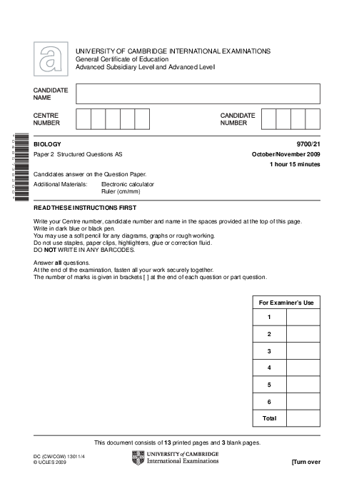 Biology 9700/21 Oct Nov 2009 | Cambridge AS Level Past Papers With Mark Scheme