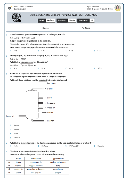 J248/04 Chemistry (A) Higher Nov 2020 Quiz | OCR GCSE MCQ
