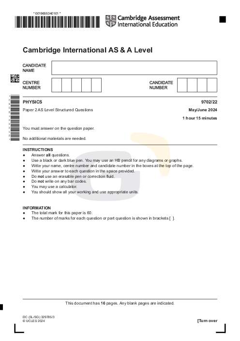 Physics 9702/22 May June 2024 | Cambridge AS Level Past Papers With Mark Scheme