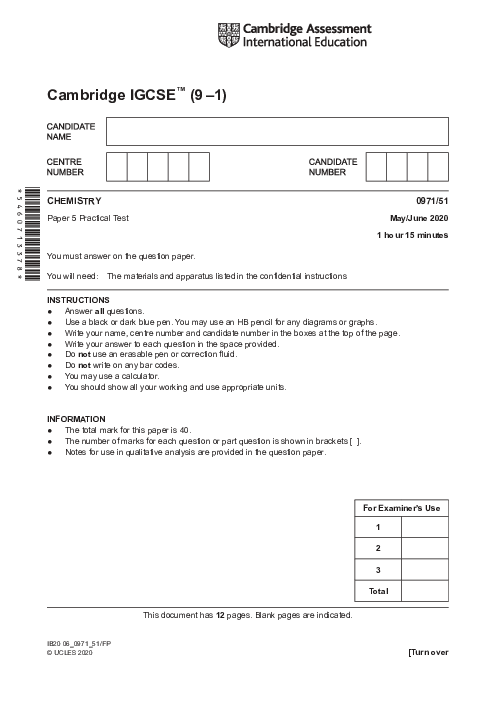  Chemistry 0971/51 May June 2020 | Cambridge 9–1 IGCSE Past Papers With Mark Scheme