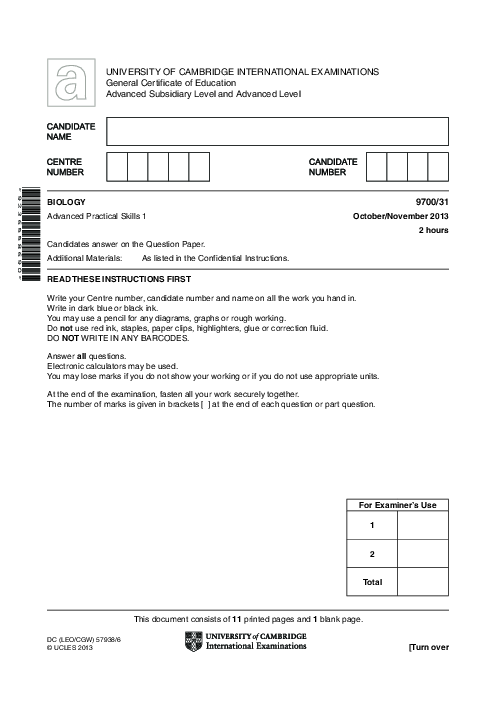 Biology 9700/31 Oct Nov 2013 | Cambridge AS Level Past Papers With Mark Scheme