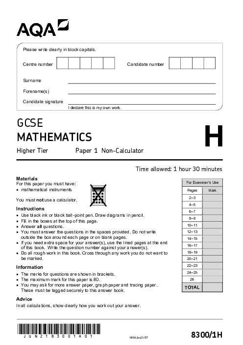 Mathematics 8300/1H June 2021