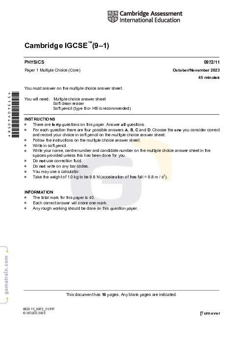 Physics 0972/11 Oct Nov 2023