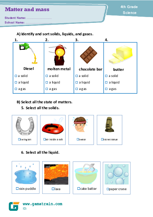 Matter and Mass |  4th grade Science Worksheet 