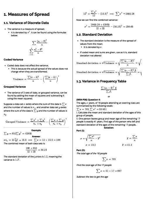 Mathematics (9709) Measures of Spread Revision Note