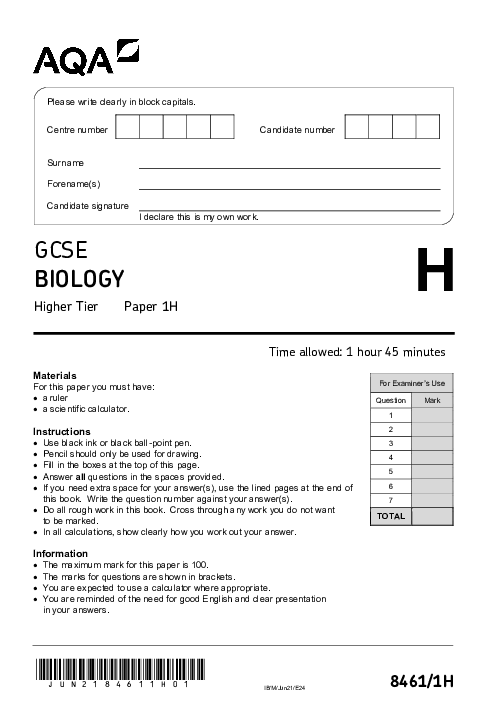 Biology 8461/1H June 2021