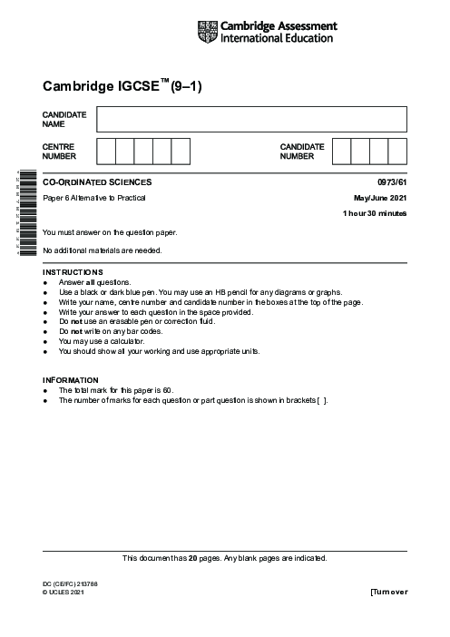 Paper 6, Variant 1, May June 2021 | Cambridge 9–1 GCSE  Sciences - Co-ordinated (0973) Past Papers