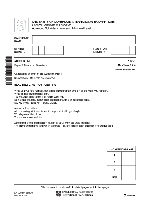 Paper 2, Variant 1, May June 2010 | Cambridge AS and A Level Accounting (9706) Past Papers