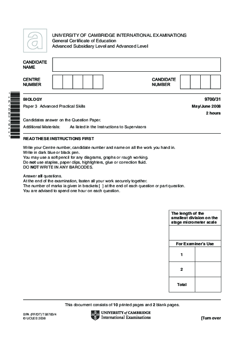 Biology 9700/31 May June 2008 | Cambridge AS Level Past Papers With Mark Scheme