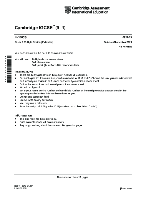 Paper 5, Variant 1, May June 2021 | Cambridge 9–1 GCSE  Physics (0972) Past Papers