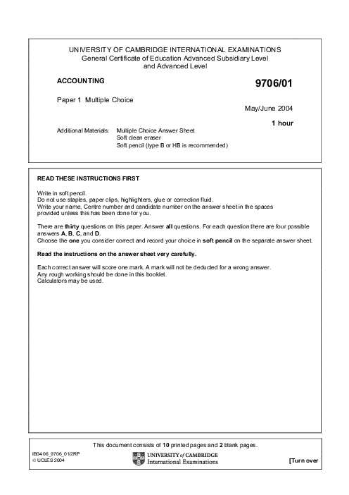 Accounting 9706/01 May June 2004 | Cambridge AS Level Past Papers With Mark Scheme