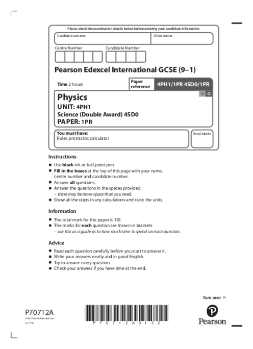  Physics 4PH1/1PR January  2022 | Edexcel IGCSE Past Papers With Mark Scheme