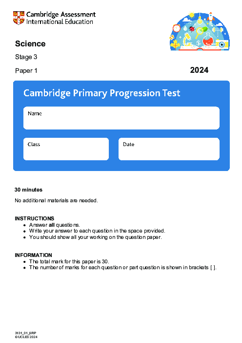Cambridge Progression Test Stage 3 Science 2024 Paper 1