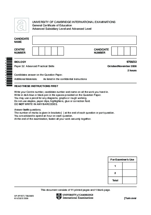 Biology 9700/32 Oct Nov 2008 | Cambridge AS Level Past Papers With Mark Scheme