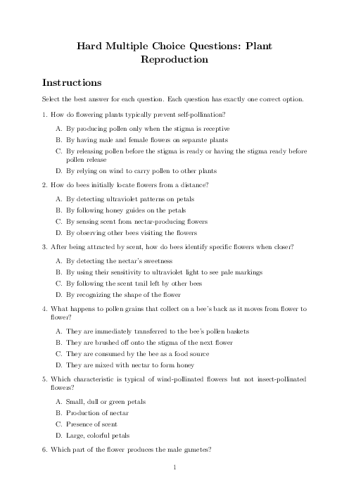 Checkpoint Science (biology) | Reproduction in Flowering Plants Tests - Topical MCQ