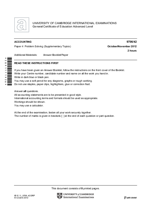 Accounting 9706/41 Oct Nov 2012 | Cambridge AS Level Past Papers With Mark Scheme