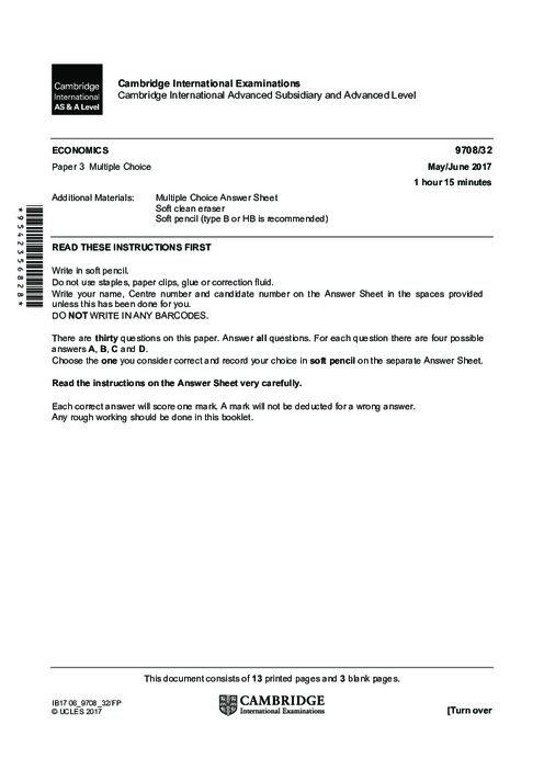 Economics 9708/11 Oct Nov 2017 | Cambridge AS Level Past Papers With Mark Scheme