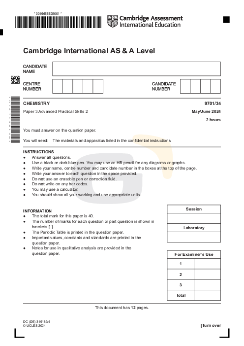 Chemistry 9701/34 May June 2024 | Cambridge AS Level Past Papers With Mark Scheme