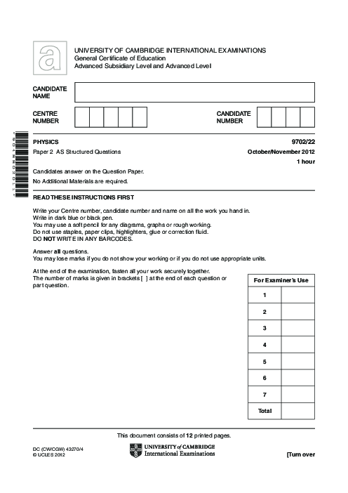 Paper 2, Variant 1, Oct Nov 2012 | Cambridge AS - A Level Physics (9702) Past Papers