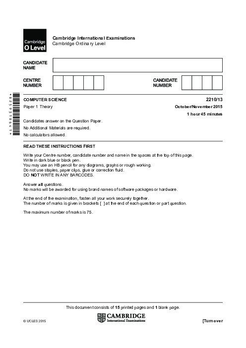  Computer Science 2210/12 Oct Nov 2015 | Cambridge O-Level Past Papers With Mark Scheme