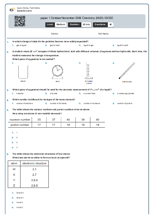 paper 1 October/November 2006 Chemistry (0620) IGCSE
