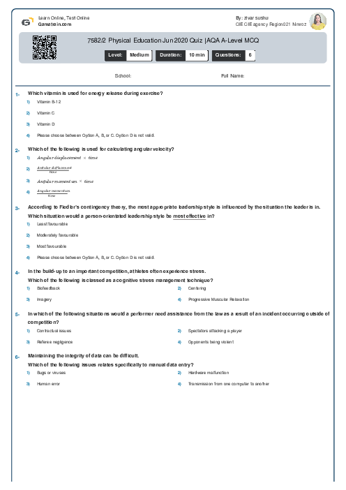  7582/2 Physical Education Jun 2020 Quiz | AQA A Level MCQ
