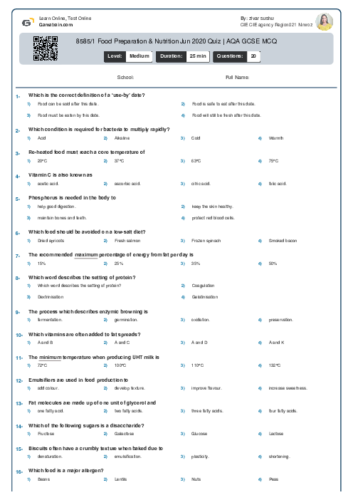 8585/1 Food Preparation & Nutrition Jun 2020 Quiz | AQA GCSE MCQ