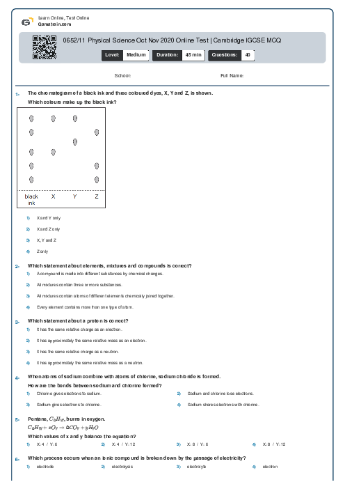 0652/11 Physical Science Oct Nov 2020 Online Test | Cambridge IGCSE MCQ