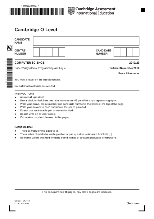  Computer Science 2210/23 Oct Nov 2024 | Cambridge O-Level Past Papers With Mark Scheme