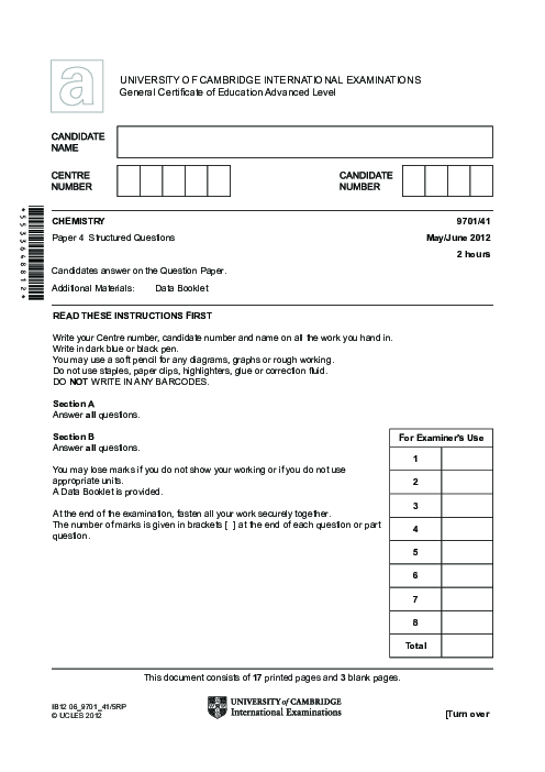 Chemistry 9701/35 May June 2012 | Cambridge AS Level Past Papers With Mark Scheme