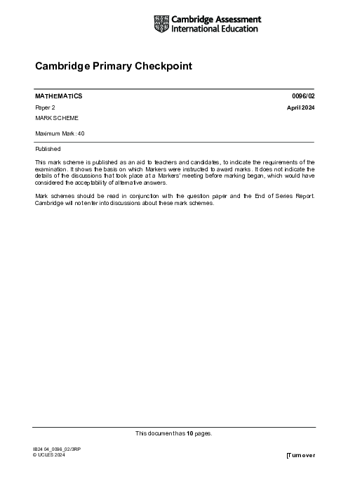 MATHEMATICS 0096,02 April 2024 | Cambridge Primary Checkpoint Past Papers with Mark Schemes