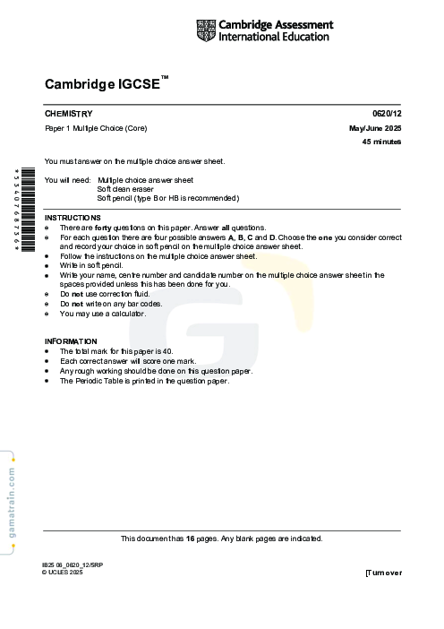 Chemistry 0620/12 May June 2025