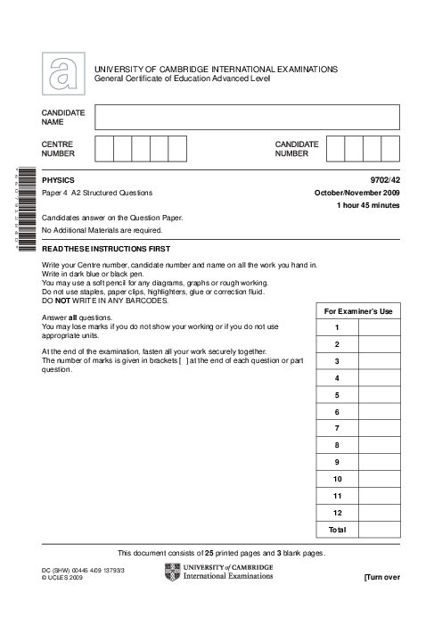 Paper 4, Variant 2, Oct Nov 2009 | Cambridge AS - A Level Physics (9702) Past Papers