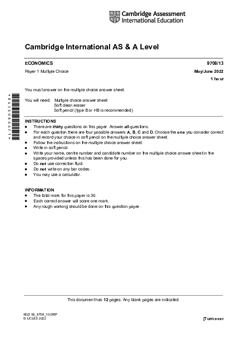 Economics 9708/11 May June 2022 | Cambridge AS Level Past Papers With Mark Scheme