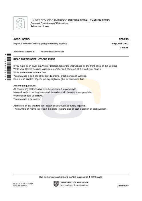 Accounting 9706/43 May June 2012 | Cambridge AS Level Past Papers With Mark Scheme