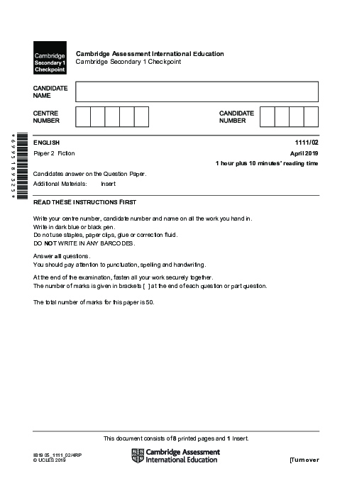 ENGLISH 1111,02 April 2019 | Cambridge Lower secondary Checkpoint Past Papers with Mark Schemes