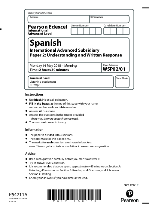 Spanish  WSP02/01 June  2018 | Edexcel  International AS Level Past Papers With Mark Scheme
