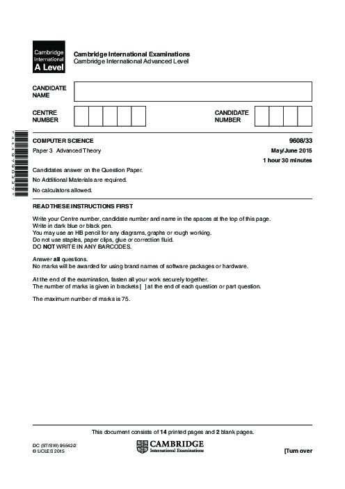  Computer Science 9608/33 May June 2015 | Cambridge AS & A Level Past Papers With Mark Scheme