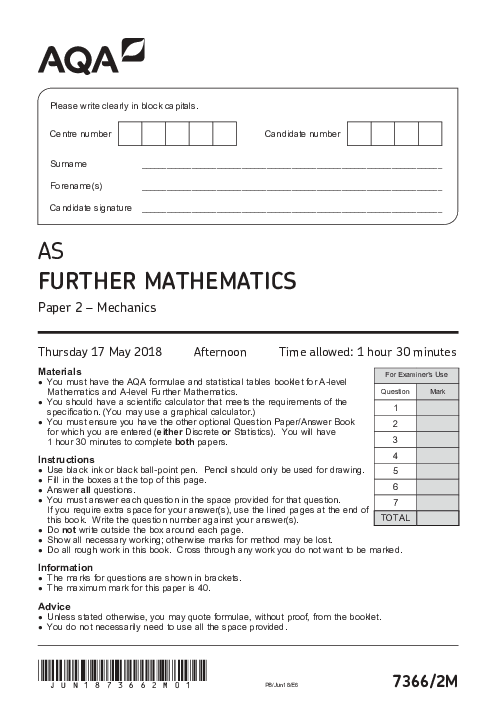 Further Mathematics 7366 Paper 2M June 2018, AQA AS-Level Past Papers with Mark Schemes