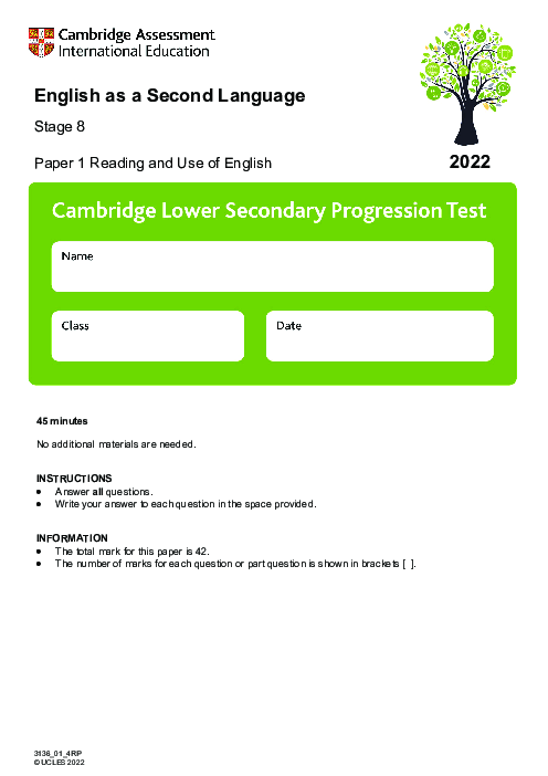 Progression Test Stage 8 English as a Second Language 2022 Paper 1 With Mark Scheme