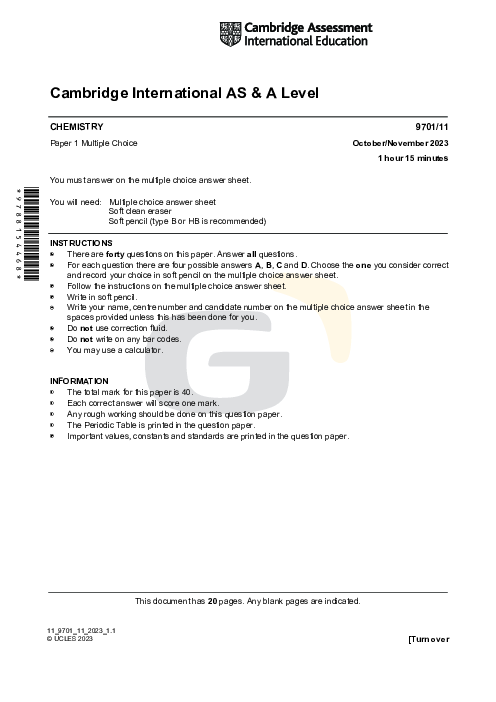 Chemistry 9701/11 Oct Nov 2023 | Cambridge AS Level Past Papers With Mark Scheme