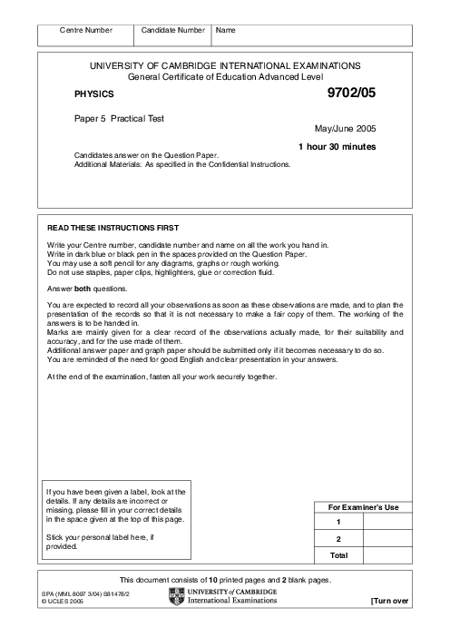 Paper 5, May June 2005 | Cambridge AS - A Level Physics (9702) Past Papers