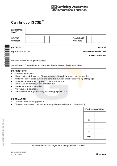 Physics 0625/52 Oct Nov 2023