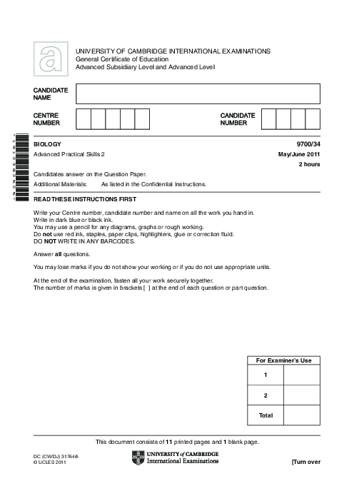 Paper 4, Variant 3, May June 2011 | Cambridge AS - A Level Biology (9700) Past Papers