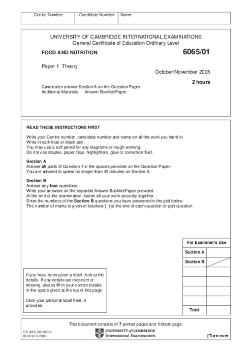 Food & Nutrition 6065/01 Oct Nov 2005