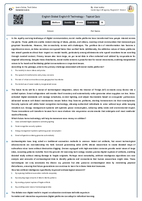 English Global English 9 Technology - Topical Quiz