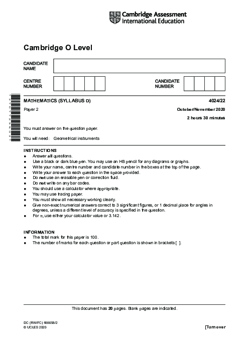 Mathematics Syllabus D 4024/21 Oct Nov 2020