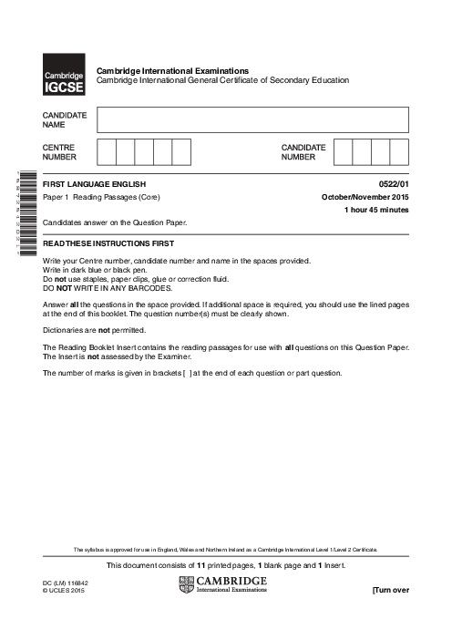 English-First Language (UK) 0522/01 Oct Nov 2015