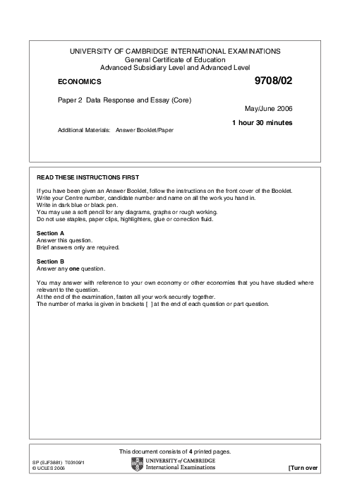 Paper 3, May June 2006 | Cambridge AS - A Level Economics (9708) Past Papers